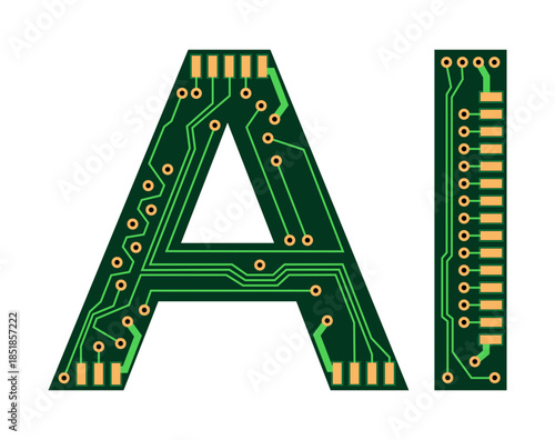 Letters AI designed as printed circuit boards. Typography representing artificial intelligence.