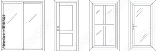 A collection of architectural doors, each reflecting distinct design aesthetics in a monochromatic rendering, showcasing their intricate details and structural integrity.