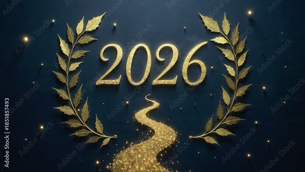 Fototapeta premium Festive 2026 Celebration with Golden Leaves and Sparkling Pathway Design