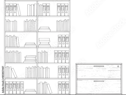 A comprehensive architectural drawing depicts a full-height bookshelf alongside a matching two-drawer cabinet. The minimalistic design emphasizes functionality and storage.