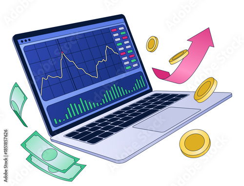 Laptop with graphs and money around, Stock trading online on stock market