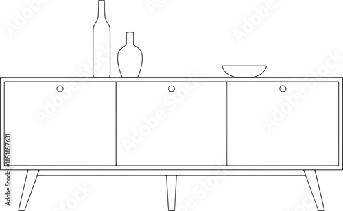 A minimalist line art illustration showcasing a sleek, modern sideboard, adorned with elegant vases and a simple bowl, embodying a sense of understated sophistication.
