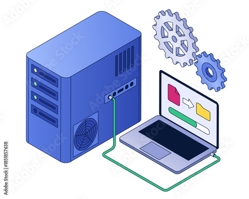 Server connected to laptop with file transfer, Secure data backup and migration, Cloud storage and networking