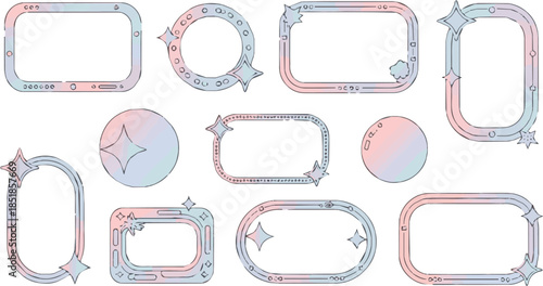 Isolated a kinds of deferent Cute minimal y2k aesthetic decorative frames with sparkles vector art with white background