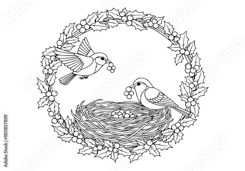 A charming black and white illustration for a children's coloring book, featuring two birds feeding their young in a nest surrounded by a festive wreath