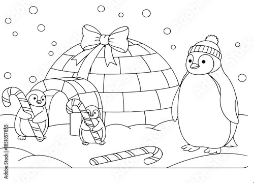 Adorable winter wonderland coloring book page showcasing playful penguins, festive candy canes, and cozy igloos, perfect for holiday joy