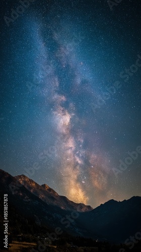 Stunning milky way galaxy above mountain peaks night sky photography