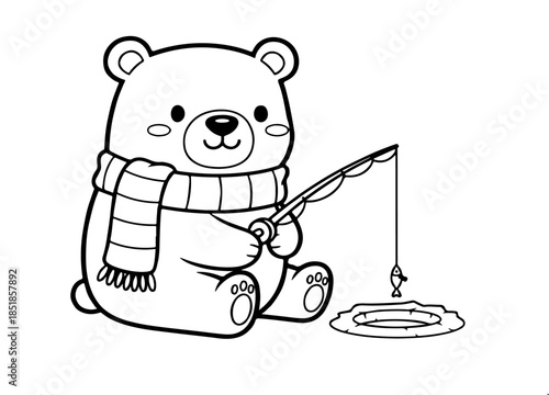 Sweet and simple line art illustration for a children's coloring book featuring a bundled-up polar bear patiently ice fishing, ideal for young artists