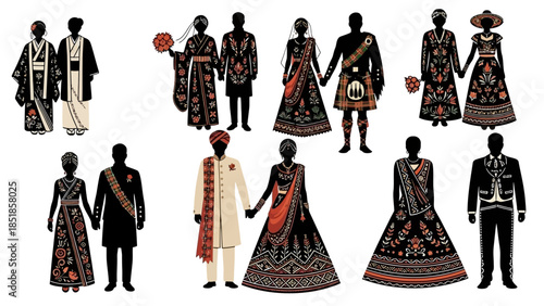 Multicultural Wedding Couple Silhouette Vector Set with Floral Patterns. Traditional Costumes from Japan, Scotland, India, and Mexico
