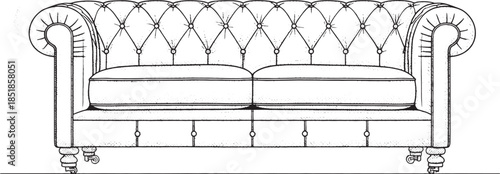 An intricately detailed pencil sketch showcases a classic, elegant sofa, a timeless piece of furniture characterized by its button-tufted back and scrolled arms, exuding comfort and sophistication.