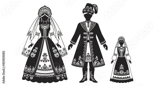 Traditional Slavic Folk Art Family Silhouette Vector with Bride Groom and Child in Ethnic Costume and Kokoshnik Headdress
