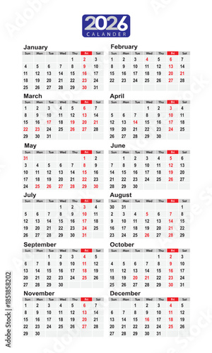 2026 vertical full year calendar design with clear monthly sections, holiday highlights, and printable layout