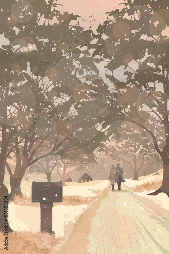 Countryside landscape vertical template in autumn season with couple of lover walking together on the track