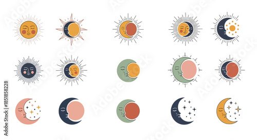 Phases of Sun and Moon Illustrations.