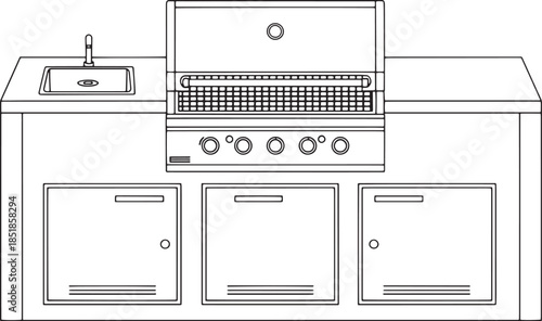 An outdoor kitchen features a grill, sink and storage cabinets in modern design. The line drawing highlights the essential components for a functional outdoor cooking space.