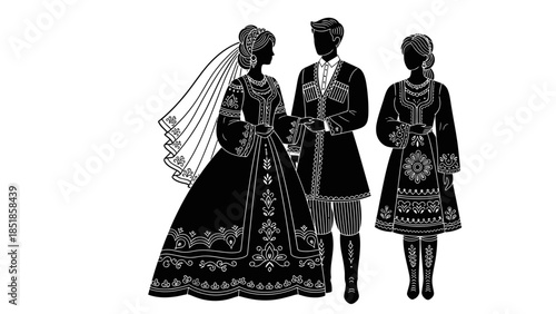 Traditional Caucasian Folk Art Family Silhouette Vector with Bride Groom and Woman in Ethnic Georgian or Circassian Costume