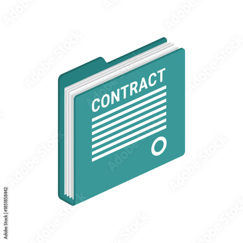 Isometric teal blue folder containing a legal contract document with a wax seal, business agreement and records management icon