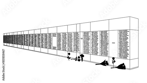 Abstract illustration of a long wall covered with text and small human figures, symbolizing information overload and the human experience within vast data.