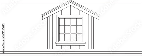 A detailed line art depiction of a classic gable window, complete with a paneled wall, evoking a sense of structure. 