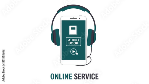 Online audiobook service concept with a smartphone screen showing a play button and book icon, surrounded by a pair of headphones