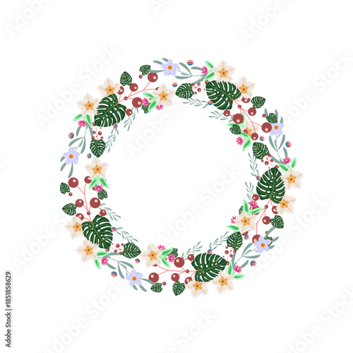 Decorative Floral Wreath Illustration with Green Leaves, Berries and Flowers Arranged in Circular Frame on Black Background for Seasonal and Holiday Design