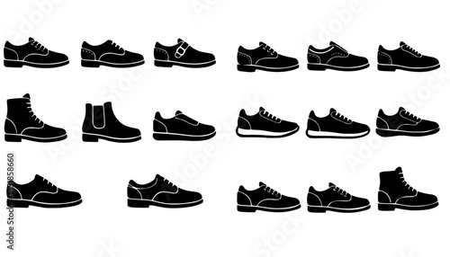 14 Men's Shoes Icon Set: Formal, Casual, and Boots Vector Silhouette Collection