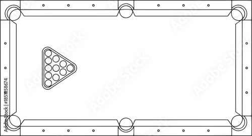An overhead, outline diagram of a pool table with the rack of balls arranged ready for the break. A simple, clean, minimalist design with strong lines and clear details. 