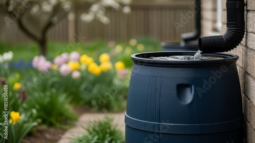 Rainwater Harvesting Barrel in Garden Yard.