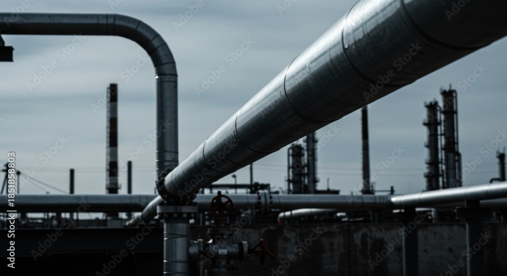 Fototapeta premium Large industrial pipeline network on an overcast day. Oil refinery plant or chemical factory. System for gas, water, fuel transport.