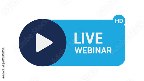 Live webinar button design with a dark blue play icon and a light blue banner, online education and digital broadcast concept