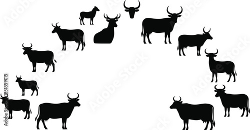 A group of deer silhouettes arranged in a semi circle on a white background