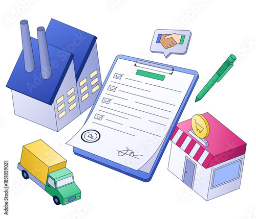 Factory and store with contract checklist, supply chain cooperation and delivery planning