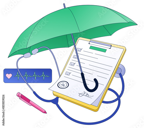 health document and stethoscope under umbrella, health coverage protection, medical policy and safety