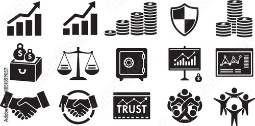 Finance and business icon set solid black