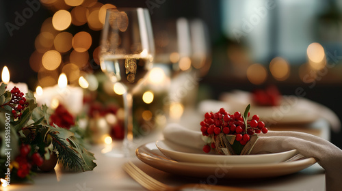 Christmas or new year table setting heavily defocused festive background holiday dining arrangement seasonal celebration styling yuletide meal presentation with copy space