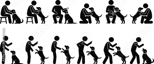 Dog behavior, human interaction, training contrast, silhouette illustration, black vector, obedience, affection, discipline, pet care, emotional bond, graphicDog behavior, human interaction