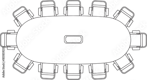 A line drawing illustrates a meeting room with an oval table and chairs, set up for a productive and collaborative work environment. 