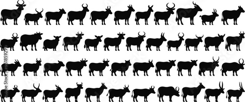 A herd of deer silhouettes standing in rows on a white background