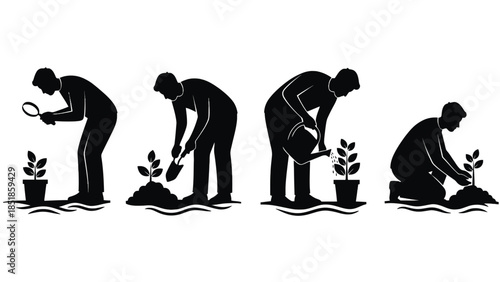 Silhouettes of a person tending to a plant in four distinct stages.