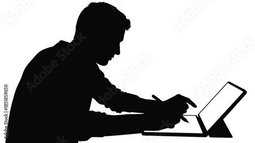 Silhouette of a person using a stylus and their finger on a digital drawing tablet or laptop