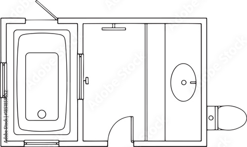 A modern, minimalist bathroom layout with detailed blueprints showcases essential elements in a clear, top-down view. 