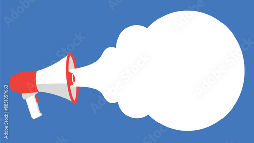Megaphone with empty large white speech bubble on blue background, vector illustration with copy space for announcements and social media marketing.