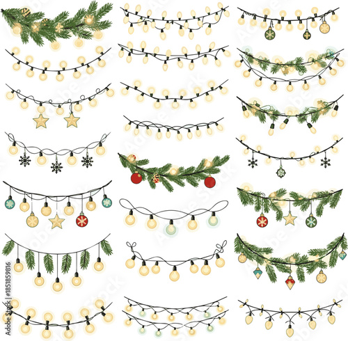 Isolated a kinds of deferent seamless light garlands - christmas decoration element vector art with white background..