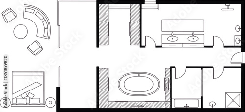 A bird's-eye view of a modern hotel suite's floor plan features elegant rooms, a comfortable seating area, a large bathroom with a luxurious soaking tub, a well-appointed bedroom, and other amenities.