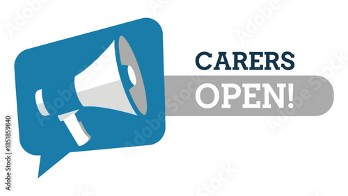 Careers Open! recruitment message with a megaphone on a blue speech bubble, vector illustration for employment opportunities and job hiring.