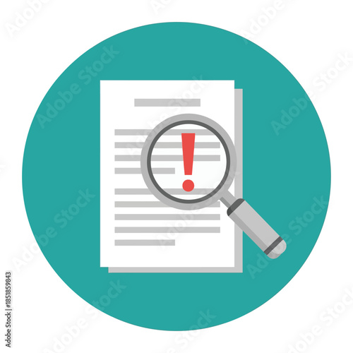 Magnifying glass searching for errors on a document with an exclamation mark, vector illustration of audit, investigation, and quality control.