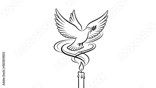 Stylized drawing of a dove with an olive branch flying above a burning candle, symbolizing peace and remembrance.