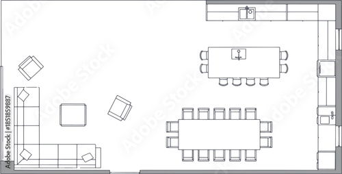A comprehensive, top-down view of an elegantly furnished dining space.