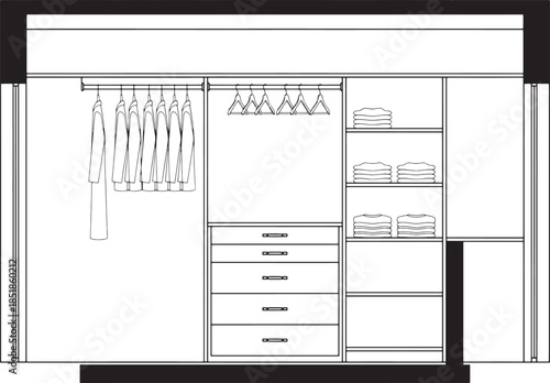A meticulously crafted walk-in closet in a modern minimalist style, offering an organized display of clothing, showcasing practical storage solutions and sophisticated design.