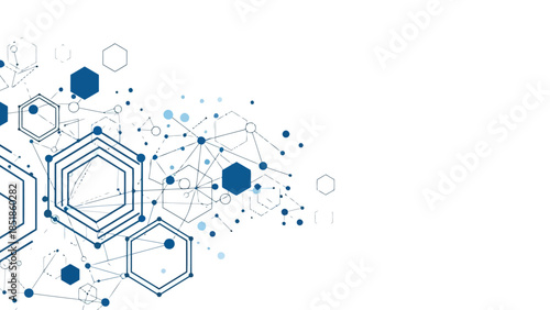 Abstract network background with interconnected blue hexagons, dots, and lines, symbolizing technological advancement, digital innovation, and scientific connections